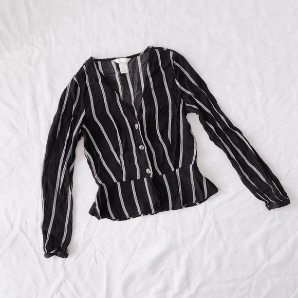 H&M black and white striped peplum long sleeve blouse - Picture 1 of 5